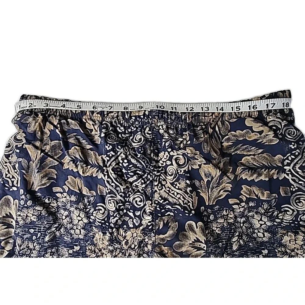 Vintage Nautica Men's Large Swim Trunks Dark Blue & Tan Hawaiian Print Nylon EUC